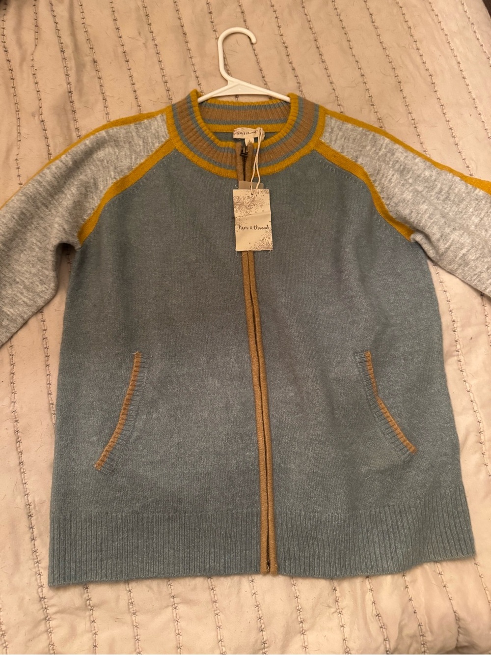 0032 Hem & Thread Blue, Gray and Mustard Zip-Front Cardigan Sweater